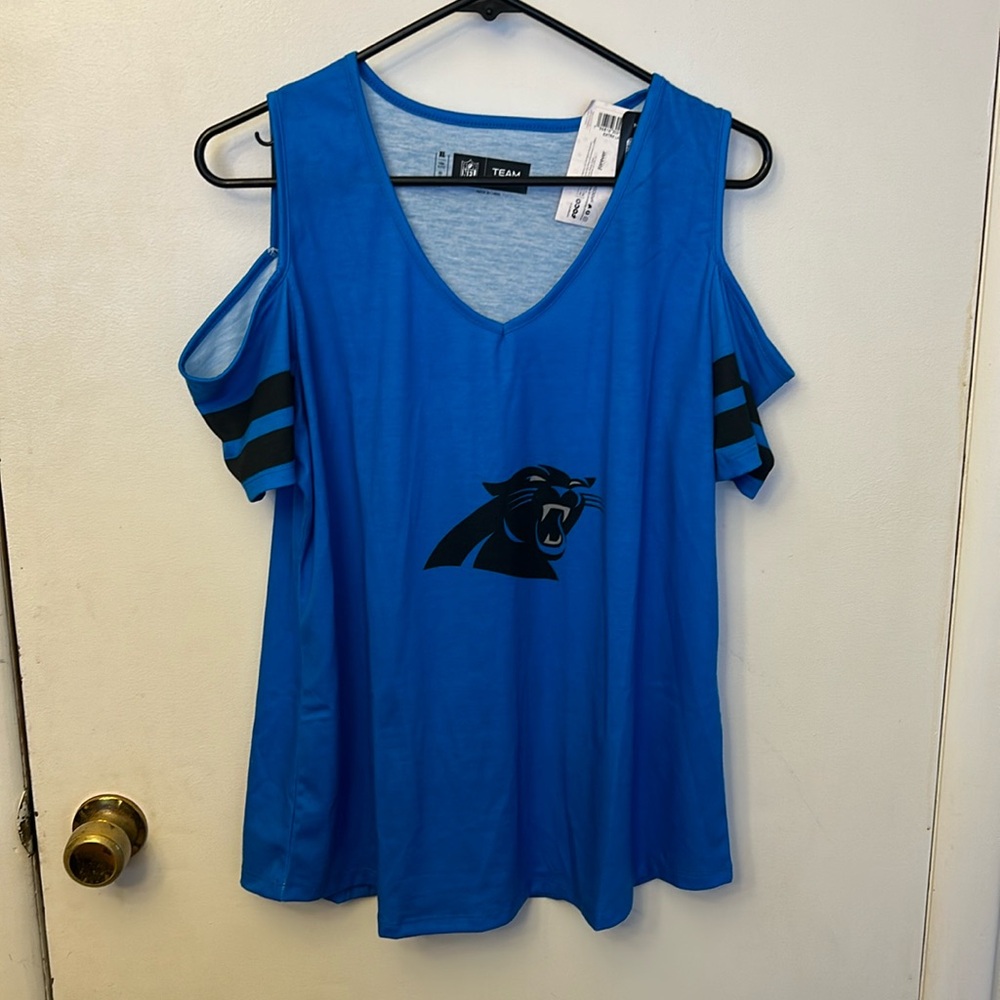 Foco NFL Apparel Carolina Panthers Women’s Open Shoulder Shirt Blue/Black SizeXL